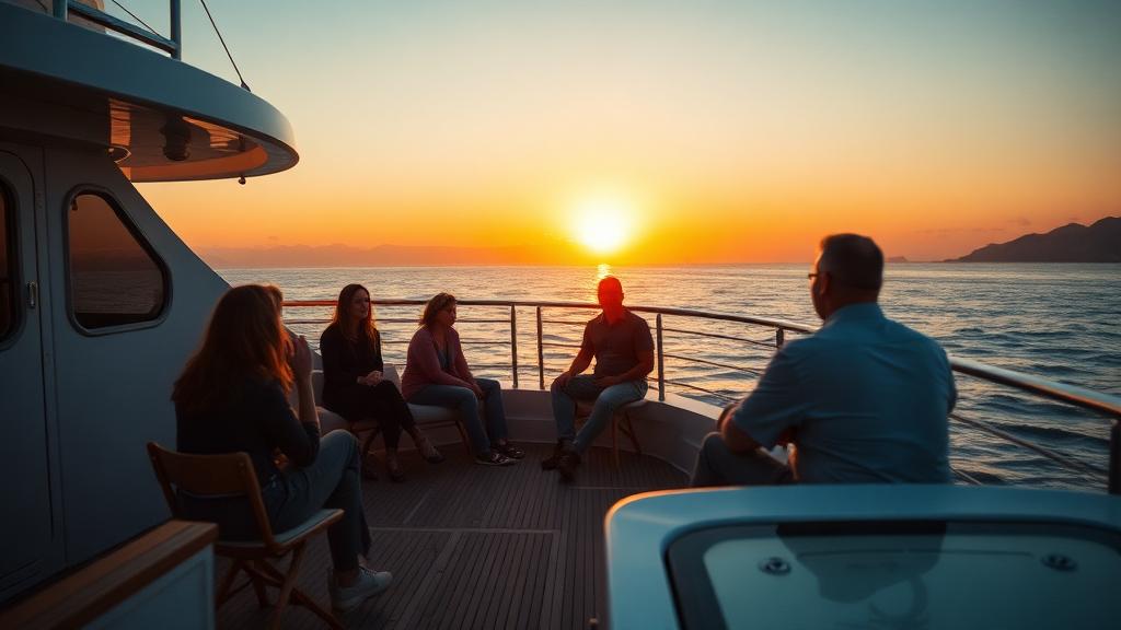 Evening talk on yacht deck at sunset
